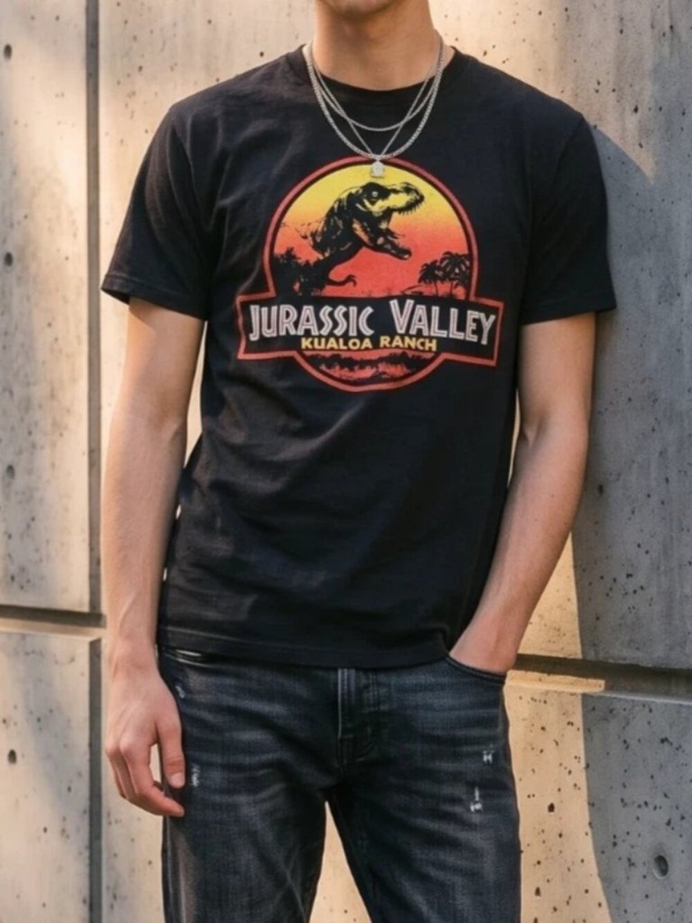Jurassic Valley Kualoa Ranch T-Rex T-Shirt Men's Size Small Black Hawaii